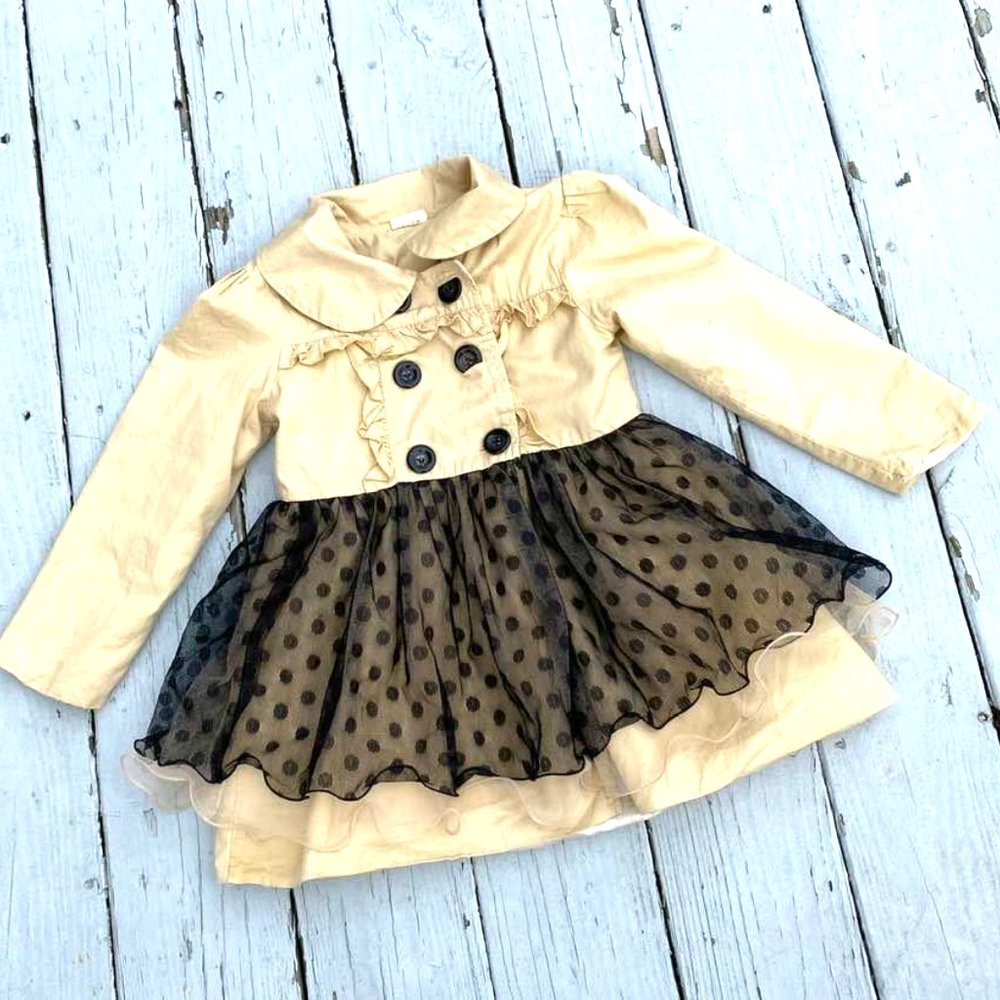 Girls Boutique Tan Black Tulle Ruffle Trim Button Up Trench Rain Coat Jacket 6 7